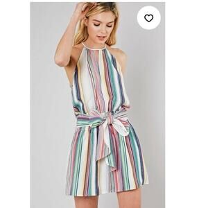 DO + BE Rainbow Striped Sleeveless Halter Tie Waist Mini Dress Size Medium